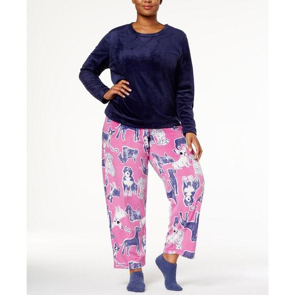 Hue Womens Sleepwear Plus Size Sueded Fleece Top & Printed Pants With Socks 1X - Picture 2 of 2